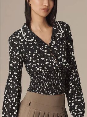 Maeve Anthropologie Smocked Button Down Floral Top Shirt Collared Size XS